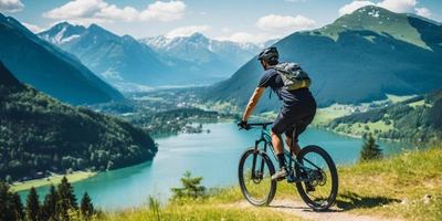Nukeproof E-Bikes in der Übersicht Mann auf Mountainbike fährt durch die Alpen