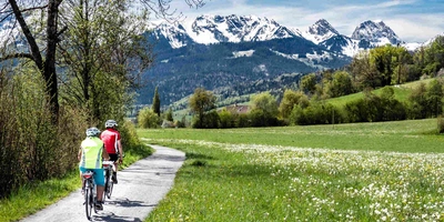 Egal ob Deutschland, Europa oder auf der ganzen Welt – hier ist für jeden was dabei. Älteres Paar fährt mit Fahrrädern durch Alpenlandschaft.