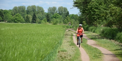 Frau in orangefarbener Kleidung radelt auf einem Weg entlang einer Wiese.
