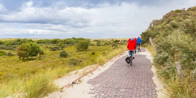 Die schönsten Radwege auf Borkum Radfahrer auf einem gepflasterten Weg durch eine grüne Landschaft unter bewölktem Himmel.