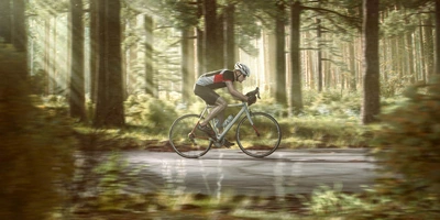 Rennradfahrer fährt durch einen Wald