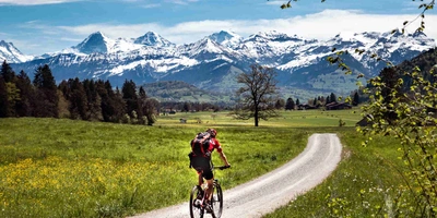 Radeln durch Meisterwerke der Natur Mann fährt auf Fahrrad durch schöne Landschaft vor Bergkette