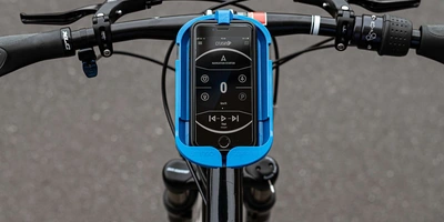 Smartphone befindet sich in einer Halterung am Fahrrad.