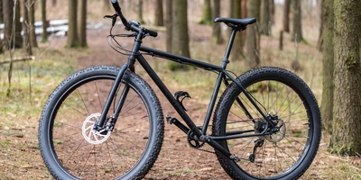 Ein Fahrrad steht im Wald.