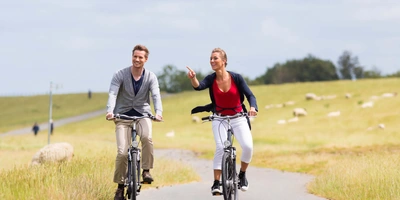 2 Fahrradfahrer auf Radweg zwischen einem Feld