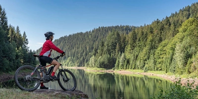 Eine Person steht mit seinem Fahrrad im Wald