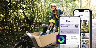 Eine Frau fährt mit einem Lastenrad, ein Kind mit Helm sitzt vorne. Daneben Smartphones mit der linexo App