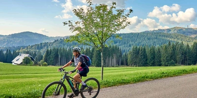 Frau mit Helm fährt mit Mountainbike durch Tal.