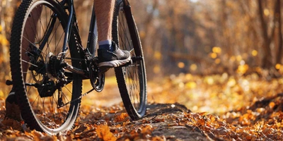 Mann auf Fahrrad fährt über Waldweg mit viel Laub.