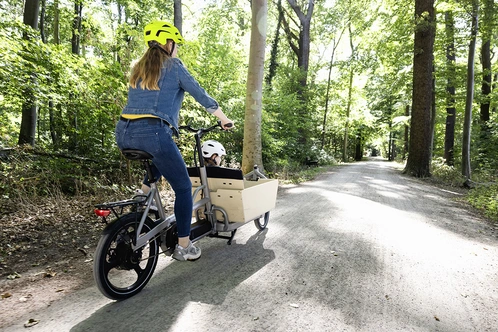 Frau auf einem Lastenrad im Wald