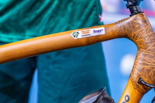 Holzfarbener Fahrradrahmen mit dekorativen Texturen und Aufklebern im Fokus.