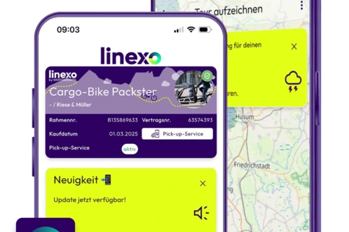 Zwei Smartphones zeigen die Linexo-App mit Karten und Paketzustelldiensten.