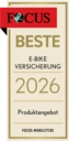 Auszeichnung für die beste E-Bike-Versicherung 2026 von Focus Mobility